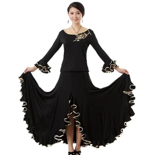 NSHZKQ Abiti da Ballo da Sala da Ballo A Maniche Lunghe con Ricamo Donne Vestito da Ballo di Performance di Flamenco di Valzer di Elasticità Liscia Abito da Ballo Tango Foxtrot,Nero,L