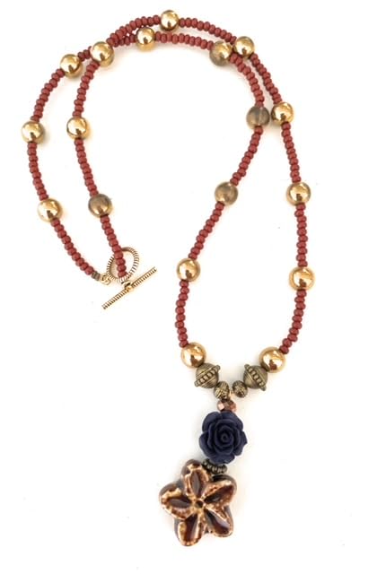 Nonas ceramic glass metal brown hued flower pendant beady necklace for SAREES-image-1