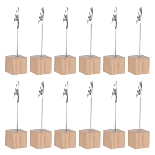 12 Stück Fotohalter Krokodilklemme Memo Clip Ständer Tischkartenhalter Holzsockel Kartenständer mit Klammern Vertikaler Zettelhalter für Bilder Karte Hinweis