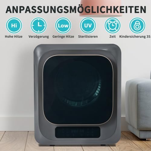 Wäschetrockner Abgastrockner 3kg (tatsächlich 4kg), 850W, Edelstahltrommel, 6 Programme, Timer-Funktion, Mehrfachfilter, Überhitzungsschutz, wandmontierbar [Energieklasse G], Grau