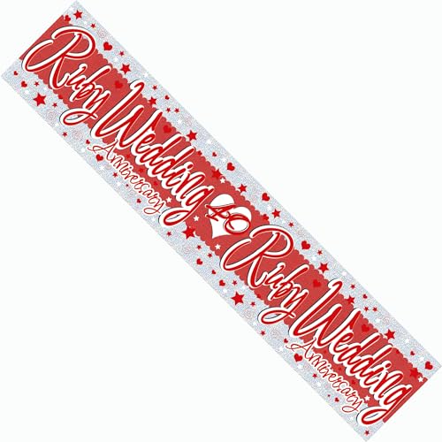 Ruby Wedding Banner – 40th Party Decoration in Red & Silver with Hearts & Stars, Large Party Supplies for Couples’ Ruby Wedding Celebration, Extra Wide, 40 years