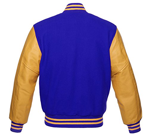 Image of Premium Letterman Baseball School College Bomber Varsity Jacket Purple & Gold Genuine Leather Sleeves