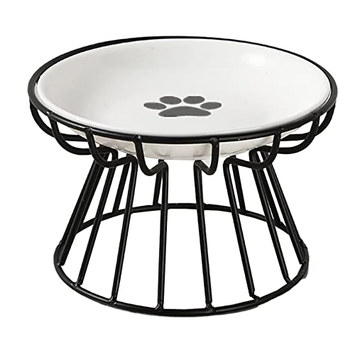 COKEEY 2023 New Ceramic Cat Bowl with Metal Stand, Anti-Vomit Elevated Bowl-Raised Cat Plate Food Water Anti Vomiting Shallow Ceramic Dish for Cat Small Dogs (Black, Paw Plate)