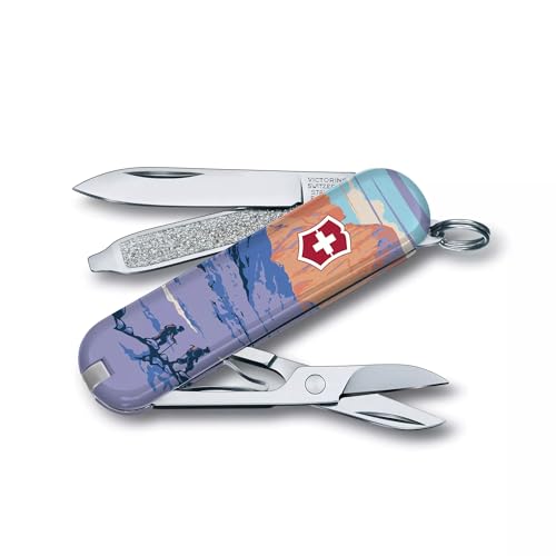 Image of Victorinox Classic SD Swiss Army Knife, Rocky Mountains National Park | 7-Function Swiss Mini Knife, Small Blade, Nail File, Screwdriver, Key Ring, Swiss Made, Compact EDC for Keys and Bags