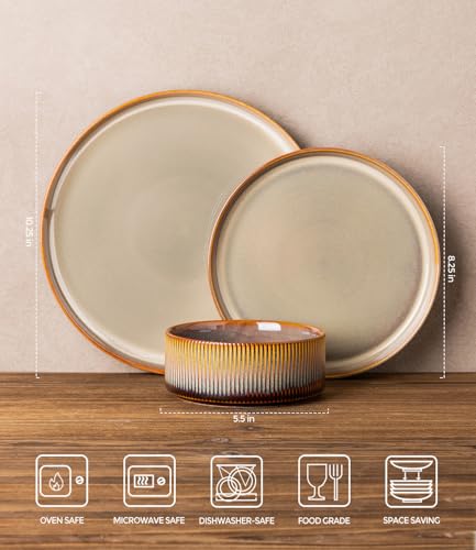 Image of TheTerra Ceramic Dinnerware Sets for 4, 12 Pieces Porcelain Lightweight Plates and Bowls Sets, Scratch Resistant Dish Set, Oven & Microwave & Dishwasher Safe, Creamy Amber