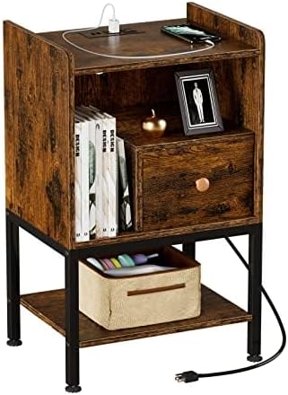 Gannyfer Nightstand with Charging Station, Night Stand with USB Ports and Storage Drawer, Modern 3-Tier End Side Table, Small Wood Bedside Table for Bedroom,Living Room,Rustic Brown