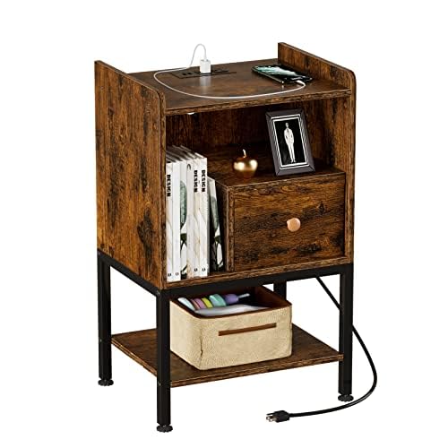 Gannyfer Nightstand With Charging Station, Night Stand With Usb Ports And Storage Drawer, Modern 3-Tier End Side Table, Small Wood Bedside Table For Bedroom,Living Room,Rustic Brown #TOP2