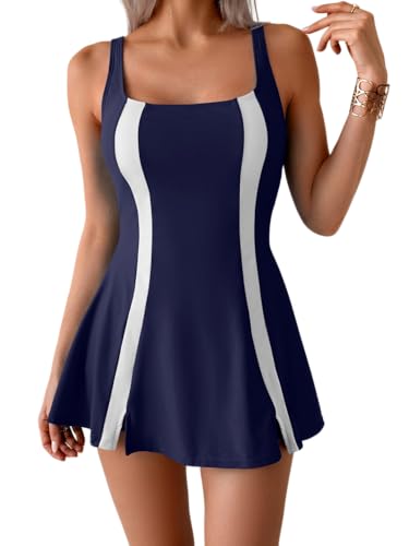 One Piece Swimdress Tummy Control Swimsuit for Women Color Block Bathing Suit Skirt Modest Swim Dress