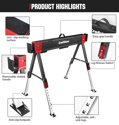 CRAFTZONE Saw Horses 2 Pack, Folding Heavy Duty 2700lbs Adjustable Height Brackets, Portable Work Support for 2x4 Wood by CRAFTZONE - Image 3
