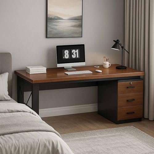 HSSTYLE Home Office Small Desk with Storage Modern Study Writing Desk Computer Desk with Drawers Writing Desk Bureau,Walnut,140 * 60 * 75CM