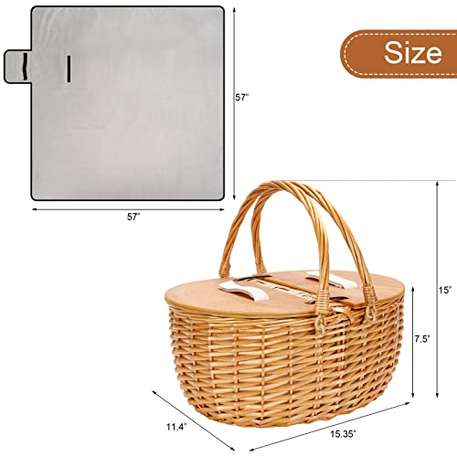 Cooler Picnic Basket With Blanket, Wooden Split Lid Picnic Basket, Vintage-Style Wicker Picnic Hamper With Folding Woven Handle For Picnic, Camping #TOP2