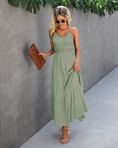Image of Dokuritu Women's Beach Crochet Lace Maxi Dress Solid Color Summer Vacation Wedding Guest Spaghetti Strap Long Dress
