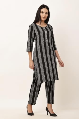 Image of Women Cotton Blend Kurti Pant Set for Women Ethnic Printed Straight Kurta with Pants Co Ord Set Casual Office Wear Traditional Kurta Set Blue 3 /4 Sleeve Round Neck