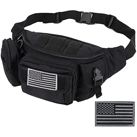 Tactical Fanny Packs, Military Waist Bag Utility Hip Belt Bags for Hiking Climbing Fishing Cycling Hunting with U.S Patch (Black) Cover