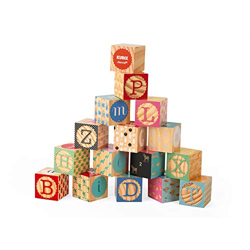 Image of Janod Kubix 16 Wooden Alphabet and Numbers Blocks - Ages 2+ - J08078