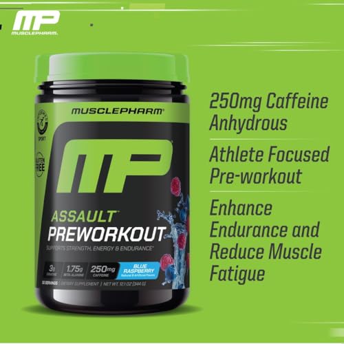 Image of Muscle Pharm Assault Pre Workout Powder for Men & Women - Packed with Beta Alanine, Caffeine, Creatine & Betaine Anhydrous - Endurance & Strength Booster- 30 Servings, Blue Raspberry Flavor