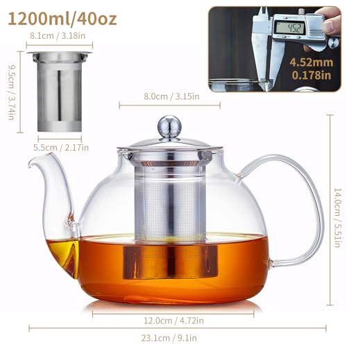 MESNEY 40oz (1200ml) Glass Teapot with Infuser – Stovetop Safe Heat-Resistant Borosilicate Tea Pot Infuser for Loose Tea, Microwave & Dishwasher Safe