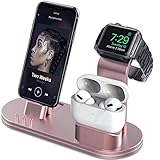 OLEBR Charging Stand Compatible with AirPods, iWatch Series 6/SE/5/4/3/2/1,Phone 12/12 Pro/ 12 Pro Max/11/11 Pro/11 Pro Max/Xs/X Max/XR/X/8/8Plus/7/7 P /6S /6S P(Original Cable Required)-Rose Gold