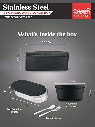 Image of CLASSIC ESSENTIALS Stainless Steel Microwave Safe Lunch Box Set with Cutlery for School, 1 Oval and 3 Containers (1300 ml, Thermoware)