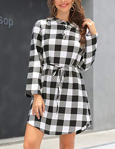 Kate Kasin Women Plaid Mini Shift Dress Belted Roll Up Sleeves Tunic Dress Casual Loose Fit #TOP2