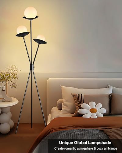 Image of 3 Globe Dimmable Tripod Floor Lamp, Mid Century Standing Lamps with 3Pcs 3000K Bulbs Included, Modern Black Tall Lamp for Living Room Bedroom Home Office Sofa Beside Corner Decor