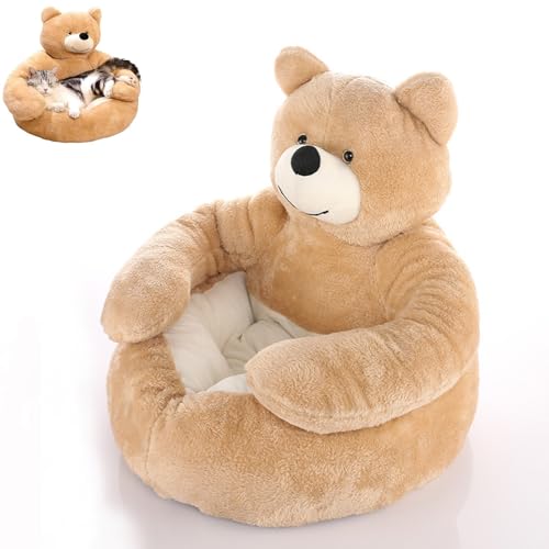 Image of Teddy Bear Dog Bed with Cuddle Arms, Soft Plush Pet Sofa/Semi-Enclosed Cuddle Nest, Washable Removable Cover & Non-Slip Base for Small Dogs & Cats (Beige,56cm/22in)