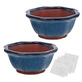 Happy Bonsai Planter Succulent Small Glazed Pots, Value Set of 2 + 4 Soft Mesh Drainage Screens (Dark Blue)