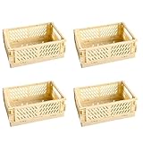 Queen-b 折りたたみ 収納 コンテナ 4個セット ミニ ボックス 小物入れ プラスチック 卓上 ケース デスク 整理 整頓 省スペース 積み重ね かご 組み立て 簡単 文房具 化粧品 調味料 雑貨 (イエロー, 大)