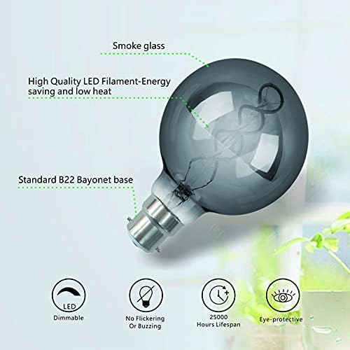 SD LUX B22 BC Antique LED Bulbs Globe Vintage Filament Led Light Bulbs G95 Retro Bulbs Smoke Dimmable No Flicker Bayonet Edison LED Bulbs-6W 150LM Warm White 2200K,2 Packs