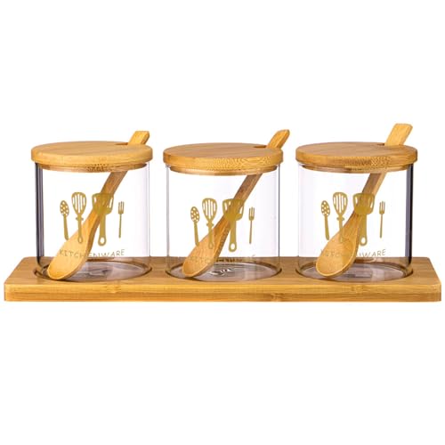 KIT PORTA TEMPEROS CONDIMENTOS COZINHA AÇUCAREIRO SALEIRO DE VIDRO E BAMBU COM COLHER