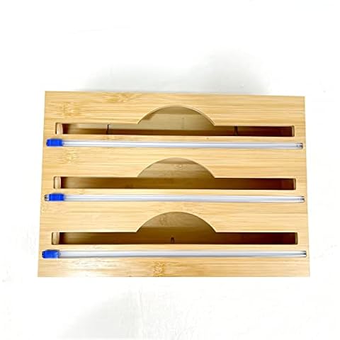 Bamboo Wooden Foil Dispenser with Cutter, Cling Film Wrap Dispenser, with Slide Cutter Adjustable Cling Film Cutter Preservation Foil Storage Box. (3) Cover