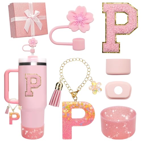 Miglaja Pink Accessories for Stanley Cup 30OZ 40OZ, All Accessories Gift Box Contain Flower Straw Topper, Sillicone Boot, Letter Stickers and Pendants,Spill Stopper Set (Pink P)
