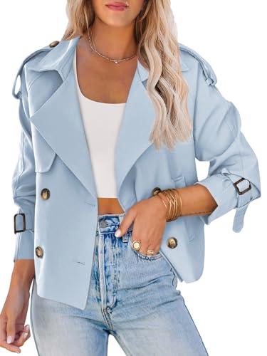 Saodimallsu Women Short Double Breasted Trench Coat Raglan Sleeve Work Office Cropped Jacket With Pockets
