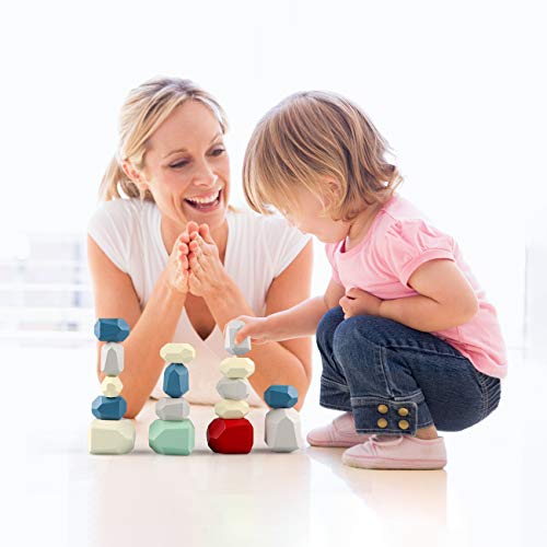 16PCS Colorful Stone Stacking Blocks for Kids Wooden Building Blocks Set for Toddlers 3+ Baby Rock Stone Sorting Blocks Game Lightweight Preschool Learning Toys for Girls Boys - Thumbnail 4