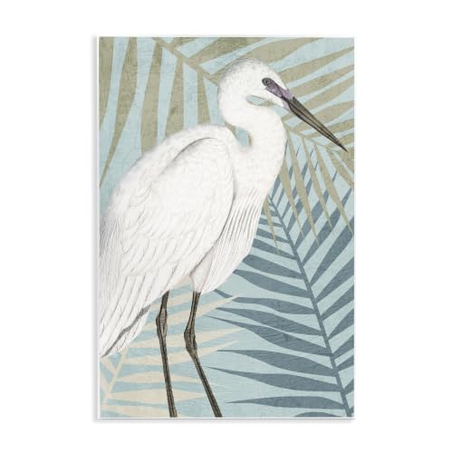 Tropical Egret Botanical Leaves, 13 x 19 Inch Mounted Print on Wall Plaque