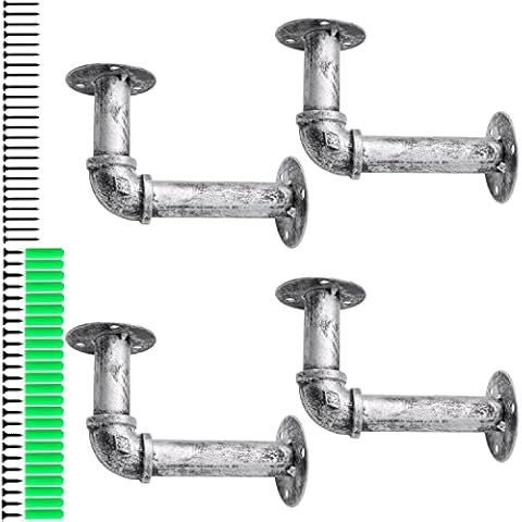 Industrial Pipe Self Brackets, Iron L Pipe Floating Shelf Bracket Heavy Duty Metal Shelving Brackets for Wood Floating Shelves Fits 5.5"-14" Board (4 Pack Vintage Silver) Cover