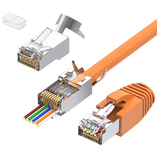 Proster Connecteurs RJ45 CAT7 Pass-Through Blindés – 10 Fiches Métalliques Plaquées Or + 10 Gaines Orange, Connecteurs Réseau 10 Gbps pour Câbles CAT7 Blindés 23–26 AWG (PoE, Anti-Interférence)