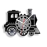 The Geeky Days Retro Train laser Cut Vinyl LP Record Wall Clock for Nursery Boy Toddler Room Steam Engine Artwork Transportation Home Decor Silent Timepieces Upcycled Music Album Handicraft Wall Clock