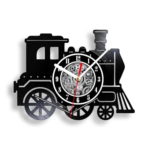 The Geeky Days Retro Train laser Cut Vinyl LP Record Wall Clock for Nursery Boy Toddler Room Steam Engine Artwork Transportation Home Decor Silent...