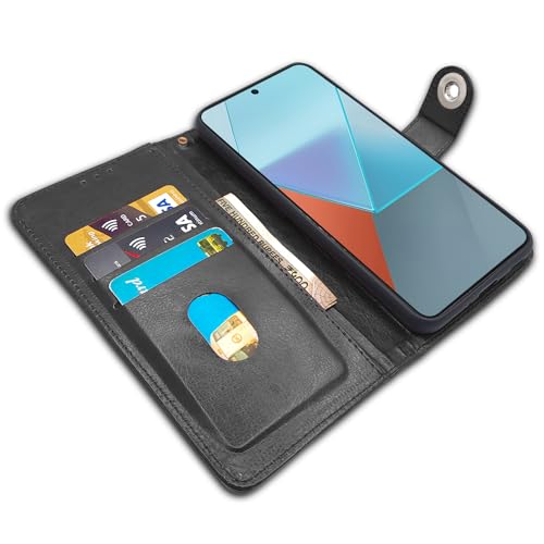 Image of Pikkme Redmi Note 13 Pro 5G Flip Cover Leather Finish | Inside TPU with Card Pockets | Wallet Stand and Shock Proof | Complete Protection Button Flip Case (Black)