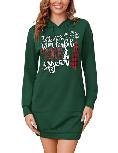 Terecey Weihnachts-Hoodie Kleid Damen Langarm Kapuzenpullover Lang Baumwolle Sweatkleider mit Kapuze Frauen Casual Sweatshirt mit Taschen für Herbst...