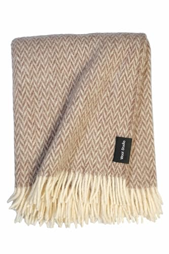 WoolStudio 130x170 cm%100 Lambswool Throw | Luxurious, Durable, & Versatile Single Size Natural Wool Blanket | Perfect for Home, Travel, & Outdoor Adventures! (Herringbone LIGHT BROWN, 130x170 cm)