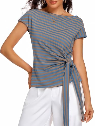 Image of HOTIAN Womens Cap Sleeve T Shirts 2026 Tie Waist Wrap Tops Crew Neck Blouses Dressy Casual Loose Work Business Dressy