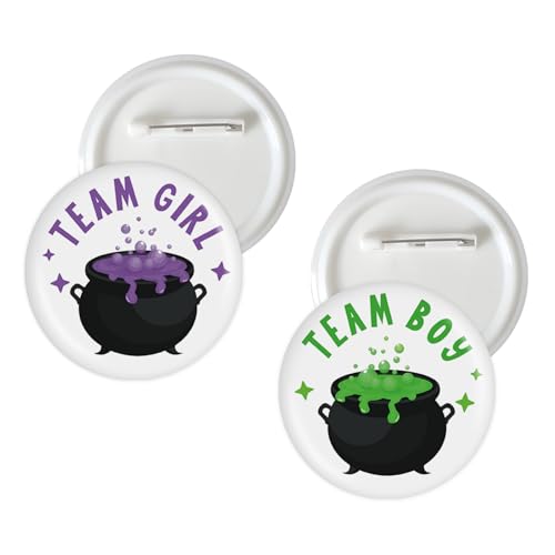 10 Pcs Halloween Witch Gender Reveal Button Pins, Bubbling Cauldron Team Boy Team Girl Badge Pins, Baby is Brewing Stain Brooch Button for Halloween Gender Reveal Party Decorations