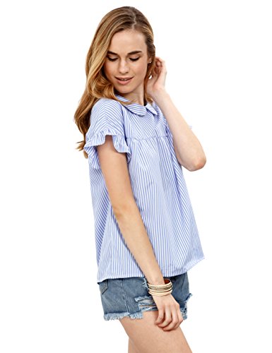 Shein Women's Striped Collar Blouse Short Ruffle Sleeve Babydoll Shirt Top Large Blue #TOP2