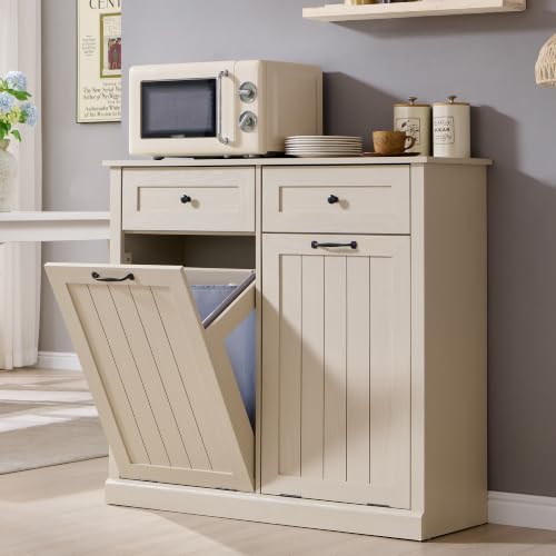 IFGET Double Tilt Out Trash Cabinet, Wood Trash Can Cabinet, Cream