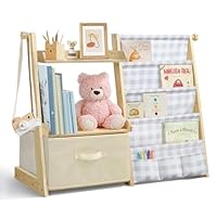wooshwa Kids Bookshelf and Toy Storage, Montessori Wooden Children Bookcase and Toy Organizer, 4-tier Toddler Sling Book Shelf with a Large Storage Box for Nursery, Bedroom, Playroom (Grey Plaid)