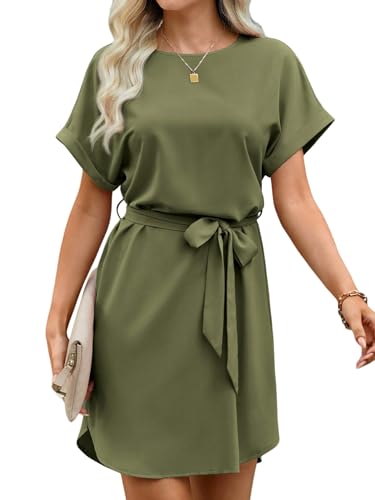 SweatyRocks Damen Kleid Elegant Sommerkleid Kurzarm Tunika Kleider mit Gürtel Sommer Kurzer Blusenkleid Boho Fledermausärmel Freizeitkleid...