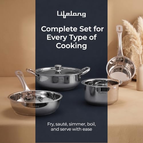 Image of Lifelong Stainless Steel Cookware Set of 5 | Kadhai (2.2L), Fry Pan (1.4L), Saucepan (1.2L), Tope (1.4L) with SS Lid, Induction Bottom, Riveted Handle, Durable Build, Even Heating, Dishwasher Safe