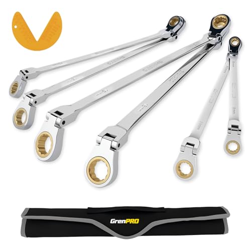 GRENPRO 6PCS Extra Long Ratcheting Wrench Set - 72-Tooth 12-Point 8-19mm, CR-V Steel Metric Double Box End Ratcheting Wrench Set, with Pouch & Size Gauge